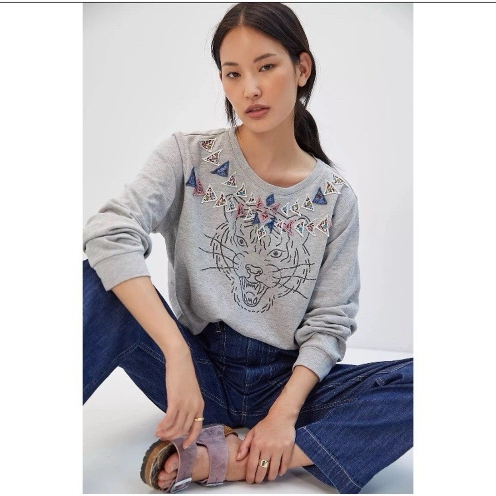 Anthropologie Luna Mercantile Co Tiger Embroidered Gray Sweatshirt XS Boho
